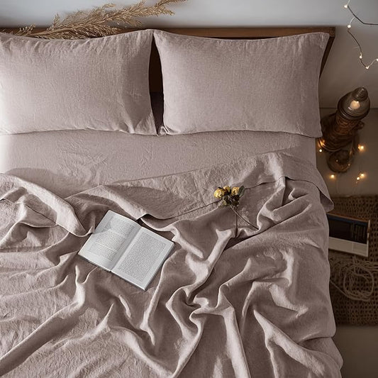 LBRO2M 100% Pure Linen Sheet Set Deep Pocket Up to 16" Bed Sheets Sets, Natural Flax Beddings Soft, Breathable, Comfortable for All Seasons 4 Pcs Sheet Set Queen Size, Mauve Desert