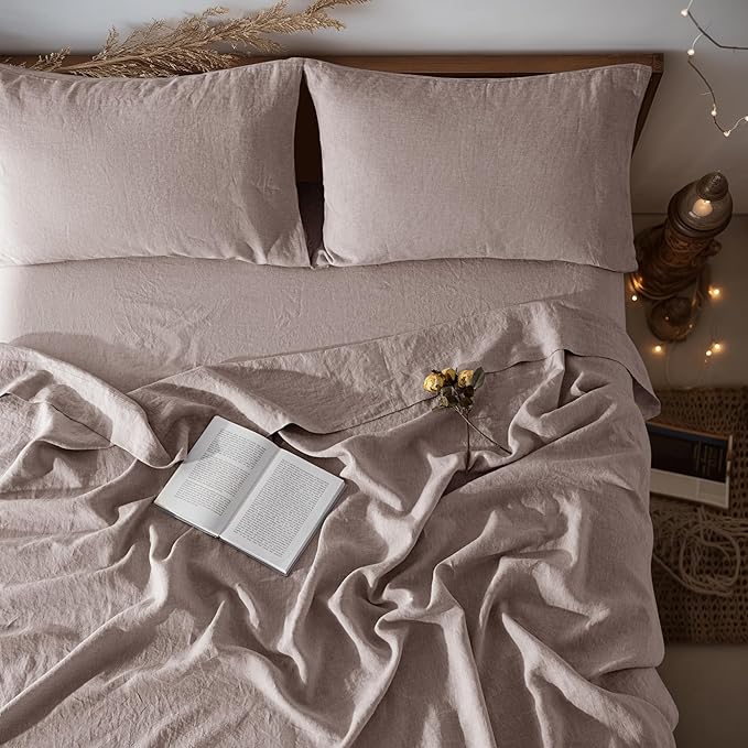 LBRO2M 100% Pure Linen Sheet Set Deep Pocket Up to 16" Bed Sheets Sets, Natural Flax Beddings Soft, Breathable, Comfortable for All Seasons 4 Pcs Sheet Set King Size, Mauve Desert