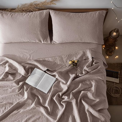 LBRO2M 100% Pure Linen Sheet Set Deep Pocket Up to 16" Bed Sheets Sets, Natural Flax Beddings Soft, Breathable, Comfortable for All Seasons 4 Pcs Sheet Set King Size, Mauve Desert