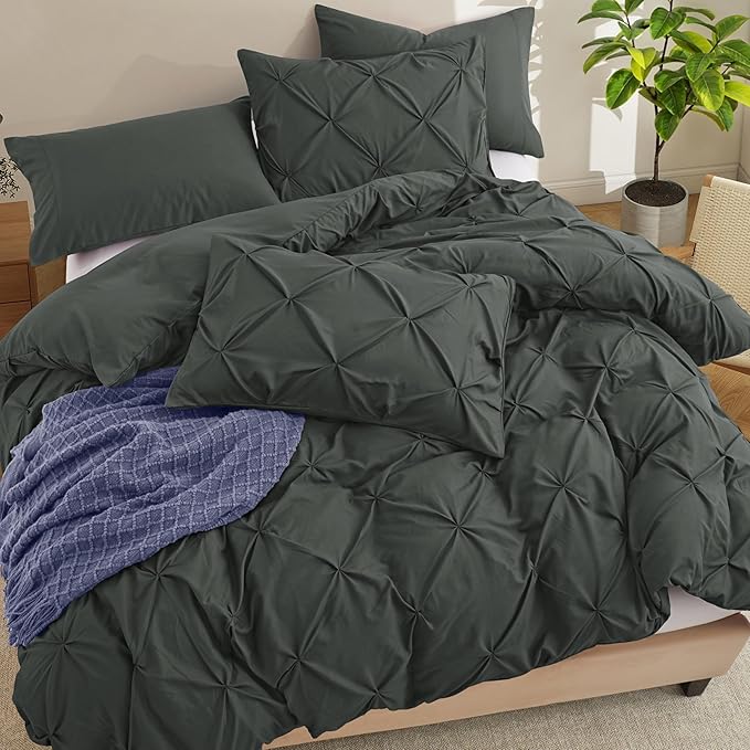 VACVELT 5 Piece Pinch Pleated Duvet Cover King Size Set, Charcoal Black Pintuck Duvet Cover with Zipper & 8 Ties, Shabby Chic Microfiber + 2 Pillow Shams + 2 Pillowcases, No Comforter