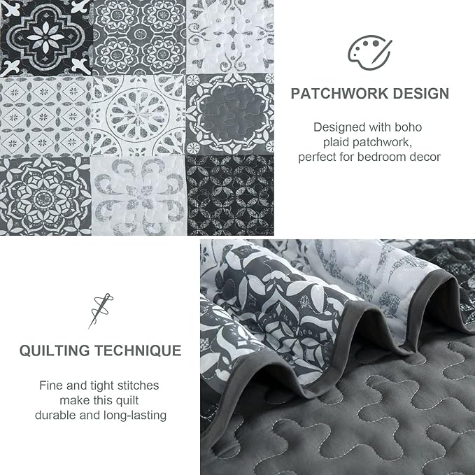 Dobuyly Grey Black Quilt Set Full Size, Boho Plaid Patchwork Bedspreads Coverlet Set, 3 Pieces Soft Lightweight Microfiber Farmhouse Quilt Bedding Set for All Seasons 78"x90"