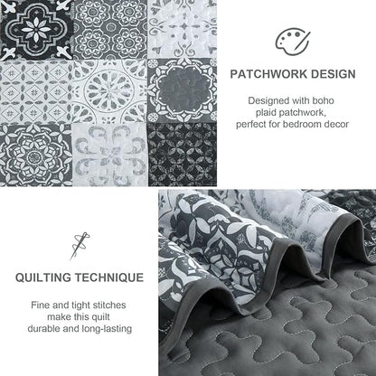Dobuyly Grey Black Quilt Set Full Size, Boho Plaid Patchwork Bedspreads Coverlet Set, 3 Pieces Soft Lightweight Microfiber Farmhouse Quilt Bedding Set for All Seasons 78"x90"
