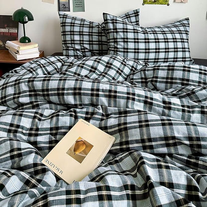 EAVD Vintage Gingham Comforter Set Twin XL Boy Girl Soft 100% Washed Cotton Chic Light Blue Grey Buffalo Plaid Comforter Set with 2 Pillowcases Farmhouse Geometric Pattern Bedding Set for All-Season