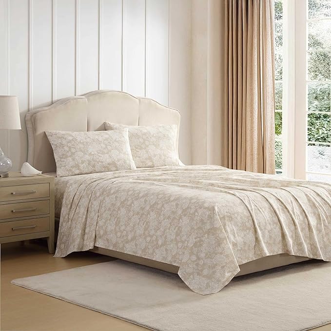 Laura Ashley - Twin Sheet Set, Crisp & Cool Cotton Percale Bedding with Deep Pockets, Lightweight for Year Round Comfort, Bed Sheets with Matching Pillowcases (Meredith Brown)