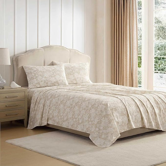 Laura Ashley - Queen Sheet Set, Crisp & Cool Cotton Percale Bedding with Deep Pockets, Lightweight for Year Round Comfort, Bed Sheets with Matching Pillowcases (Meredith Brown)