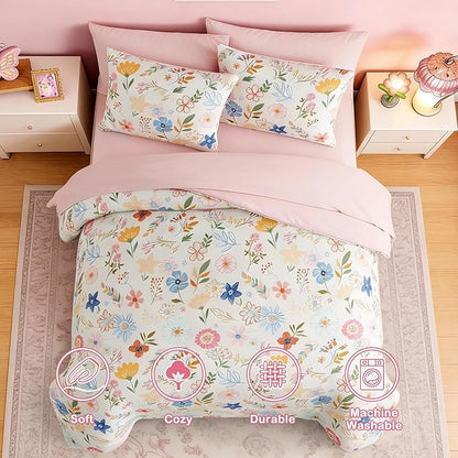 Twin Comforter Set for Girls Kids - 5 Pieces Pastel Garden Patterns Twin Bedding Sets for Girls Teen, Soft Cozy Bed in A Bag with Sheets