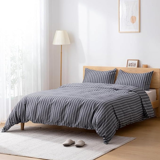 TOCOMOA Striped Duvet Cover Set 100% Natural Cotton Soft Comfy Breathable 3 Piece Grey and White Pattern Printed Comforter Cover Bedding Set (King 104"x90", Comforter Not Included)