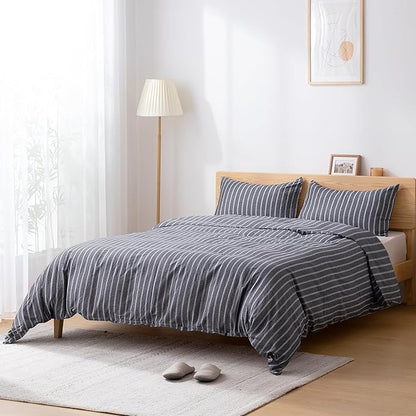 TOCOMOA Striped Duvet Cover Set 100% Natural Cotton Soft Comfy Breathable 3 Piece Grey and White Pattern Printed Comforter Cover Bedding Set (Queen 90"x90", Comforter Not Included)