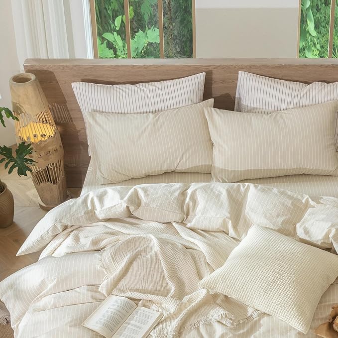 MooMee Bedding Pillowcases Striped Pack of 2 100% Washed Cotton Linen Like Textured Breathable Durable Soft Comfy (Almond Milk Grey White Wide Stripes, Queen)