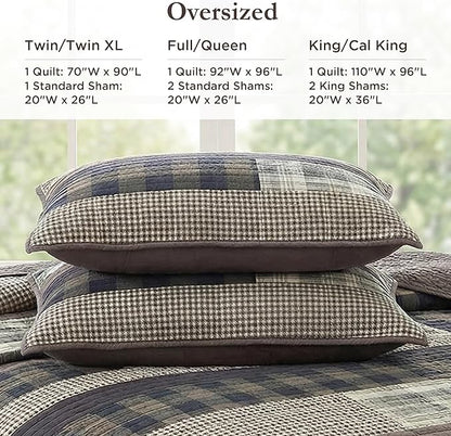 Woolrich Reversible Quilt Set - Cottage Styling Reversed to Solid Color, All Season Lightweight Coverlet, Cozy Bedding Layer, Matching Shams, Oversized King/Cal King, Winter Plains Stripes Taupe