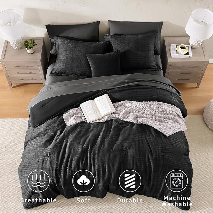 MaiRêve King Comforter Set Black, Textured Design Crinkle Bedding Sets 7 Pieces, All Season Bed in A Bag with Comforter, Sheets, Pillowcases & Shams