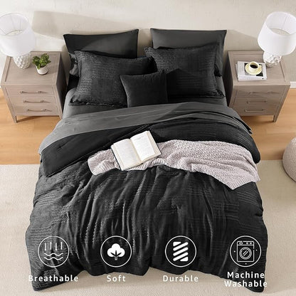 MaiRêve Queen Comforter Set Black, Textured Design Crinkle Bedding Sets 7 Pieces, All Season Bed in A Bag with Comforter, Sheets, Pillowcases & Shams