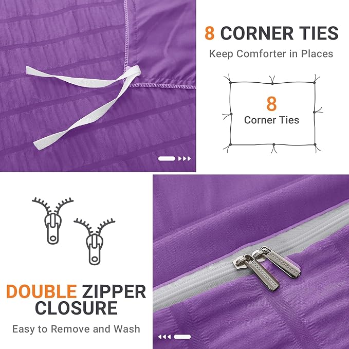 HYMOKEGE Dark Purple Duvet Cover Queen Size, Ultra Soft 3-Piece Seersucker Duvet Cover Set with Zipper Closure, Soft Brushed Microfiber Bedding Set with 8 Corner Ties (90"x90", 2 Pillowshams)