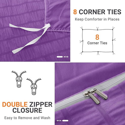 HYMOKEGE Dark Purple Duvet Cover Queen Size, Ultra Soft 3-Piece Seersucker Duvet Cover Set with Zipper Closure, Soft Brushed Microfiber Bedding Set with 8 Corner Ties (90"x90", 2 Pillowshams)