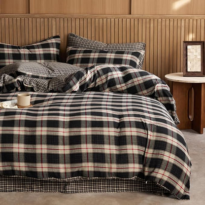EAVD Vintage Black Gingham Comforter Set Full Soft 100% Muslin Cotton Red Green Grid Checkered Plaid Bedding Set with 2 Pillowcases Farmhouse Reversible Black Plaid Comforter Set for All-Season