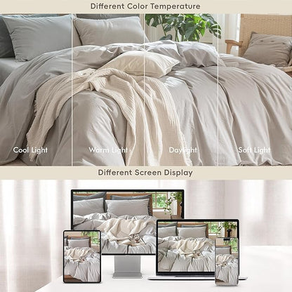 MooMee Bedding Duvet Cover Set 100% Washed Cotton Linen Like Textured Breathable Durable Soft Comfy (Solid Tan, King 104"x90")
