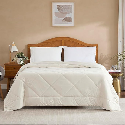 Oversized Cooling Comforter Full/Queen – Reversible Diamond-Quilted Comforter Shell with Elegant Trim – Lightweight Breathable Bed Blanket for Hot Sleepers, Night Sweats & All-Season Comfort, Beige