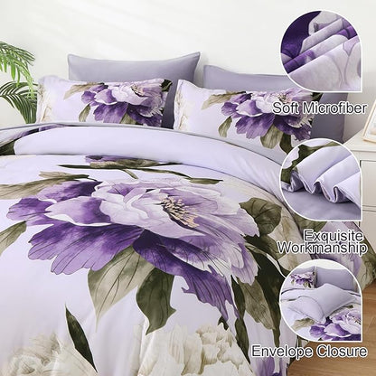 Dobuyly Purple Queen Comforter Set 7 Piece Bed in a Bag Queen, Purple Floral Printed on Light Purple Comforter Set with Sheets, Soft Microfiber Botanical Complete Bedding Set for All Season