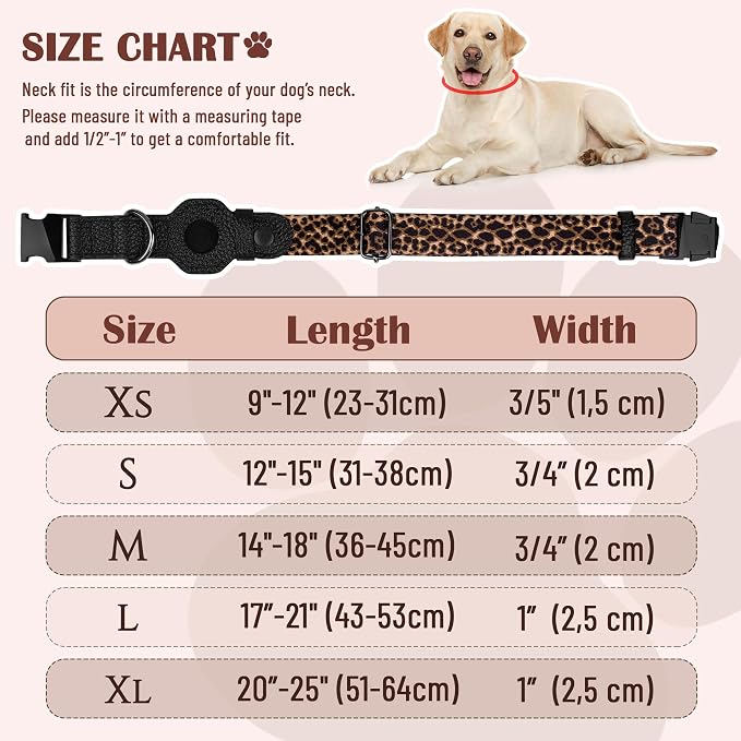 AirTag Dog Collar for Small Medium Large Breed - Adjustable Cute Pattern Dog Collar with Airtag Holder - Soft Leather Tracker GPS Apple Air Tag Pet Collars (X-Large, 20"-25" Neck Fit, Leopard)