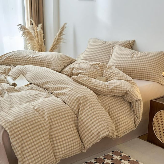 EAVD Vintage Style Brown&Beige Plaid Duvet Cover Queen Soft 100% Washed Cotton Chic Checkered Gingham Bedding Set with 2 Pillowcases Farmhouse Brown Gingham Duvet Cover with Zipper Closure