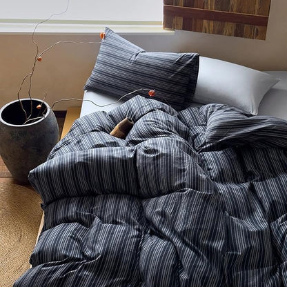 VM VOUGEMARKET Blue White Stripe Duvet Cover Set – Soft Washed Cotton,Modern Neutral Ticking Pinstripe Minimalist, 3 Pieces,Navy Blue,Queen Size