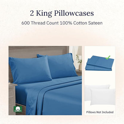 King Size Pillows Cases Set of 2-600 Thread Count Sateen, Natural 100% Cotton Pillowcases King, Crisp, Durable Premium-Feel Bedding - Parisian Blue