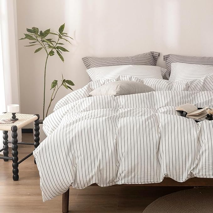 Stripe Duvet Cover Oversized King Size 120inch x 98inch, 100% Washed Cotton Linen Feel Duvet Cover with Zipper Closure and 2 Pillowcases, Color of White-Dark Grey Stripe