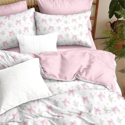 Nayoroom Pink Bow Comforter Set Full Size Coquette Pink Floral Comforter 3 Pieces Soft Lightweight Kids Girls Cute Aesthetic Dorm Bedding Set for All Seasons