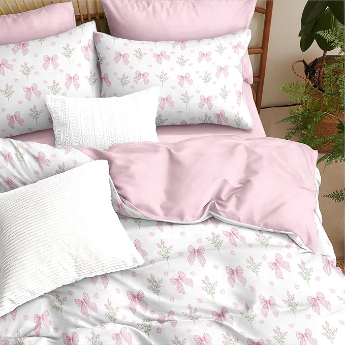 Nayoroom Pink Bow Comforter Set Queen Size Coquette Pink Floral Comforter 3 Pieces Soft Lightweight Kids Girls Cute Aesthetic Dorm Bedding Set for All Seasons