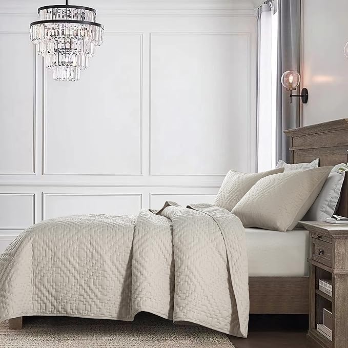 R.SHARE Beige Cream Tan Queen Size Quilt Bedding Sets with Pillow Shams, Boho Lightweight Soft Bedspread Coverlet, Quilted Blanket Thin Comforter Bed Cover for All Season, 3 Pieces, 90x90 inches