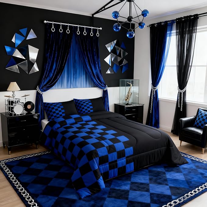 Geometric Check Kids Bedding Set King Size,Video Games Plaid Lattice Comforter Set，Modern Grid Simple Quilt Comforter,Black Blue Bedroom Duvet Insert,2 Pillowcases