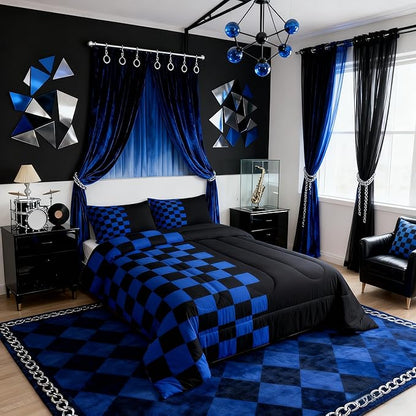 Geometric Check Kids Bedding Set King Size,Video Games Plaid Lattice Comforter Set，Modern Grid Simple Quilt Comforter,Black Blue Bedroom Duvet Insert,2 Pillowcases