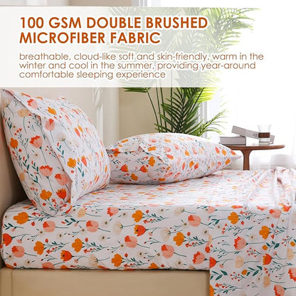 JSD Tulip Floral Sheet Set Full Size, 4 Piece Spring Printed Microfiber Bed Sheets Deep Pocket