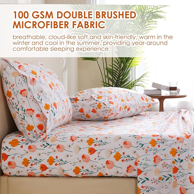 JSD Tulip Floral Sheet Set King Size, 4 Piece Spring Printed Microfiber Bed Sheets Deep Pocket
