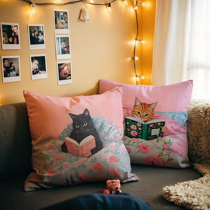 Funny Cat Reader Book Pillow Cover 18 x 18 Set of 2, Reading Nook Corner Decor, Preppy Floral Black Orange Tabby Tuxedo Cats Bookish Pillowcase, Gifts for Book Lovers