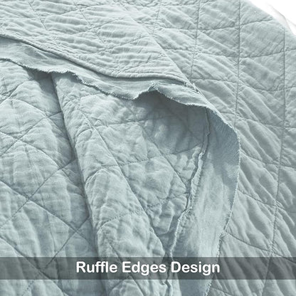 HORIMOTE HOME 100% Linen Front/100% Cotton Back Quilt Set King Size, Paleturquoise Pre-Washed European Flax Linen Quilt, Diamond Stitch Bedspread Coverlet Bedding Set 3-Piece for All Seasons