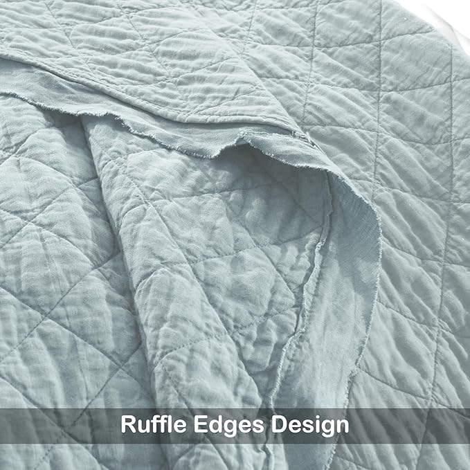 HORIMOTE HOME 100% Linen Front/100% Cotton Back Quilt Set Queen Size, Paleturquoise Pre-Washed European Flax Linen Quilt, Diamond Stitch Bedspread Coverlet Bedding Set 3-Piece for All Seasons
