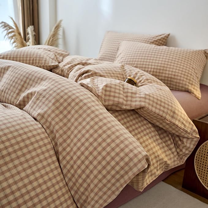 EAVD Vintage Style Pink&Tan Plaid Duvet Cover Queen Soft 100% Washed Cotton Chic Checkered Gingham Bedding Set with 2 Pillowcases Farmhouse Gingham Duvet Cover with Zipper Closure
