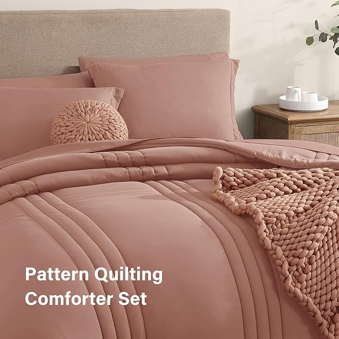 Monbix King Size Comforter Set - 7 Pieces Bed in a Bag King, Clay Pink Bedding Sets with Comforter, All Seasons Comforter Bed Set with Sheets, Pillowcases & Shams
