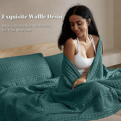 PHF 100% Cotton Waffle Weave Blanket Queen Size for Bed, Soft Lightweight & Breathable for Spring and Summer, All-Season Comfort, Luxury Aesthetic Blanket for Home Decor, 90"x90", Teal