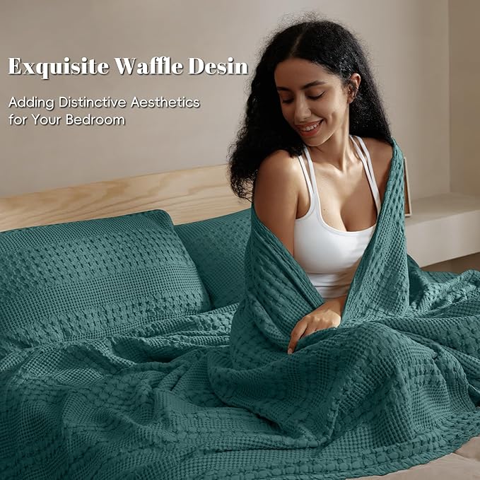 PHF 100% Cotton Waffle Weave Blanket Twin Size for Bed, Soft Lightweight & Breathable for Spring and Summer, All-Season Comfort, Luxury Aesthetic Blanket for Home Decor, 66"x90", Teal