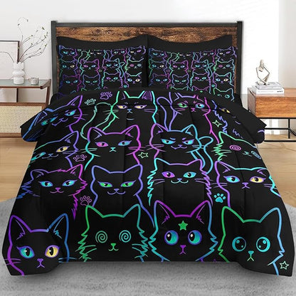 7 Pcs King Size Comforter Set with 2 Pillowcases & 2 Shams, Cute Cat Halloween Bedding Set for Kids and Adults, Neon Funny Gothic Bed in a Bag with Flat Sheet and Fitted Sheet