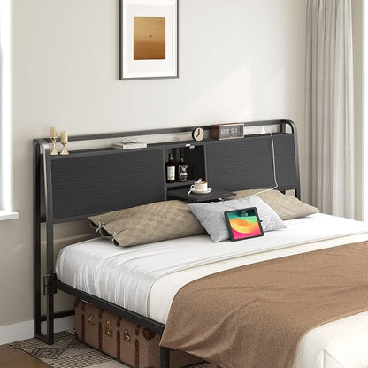 MAHANCRIS Headboard Queen Size with 2 Power Strips and Flip Door Storage | Industrial Queen Headboard with Adjustable Bed Frame Adapters, 95° Backrest, Easy Assembly, Sturdy Construction, Black