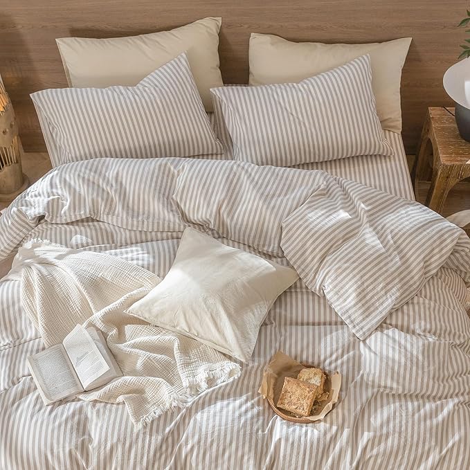 MooMee Bedding Pillowcases Striped Pack of 2 100% Washed Cotton Linen Like Textured Breathable Durable Soft Comfy (Tannish Linen Grey White Classic Stripes, King)