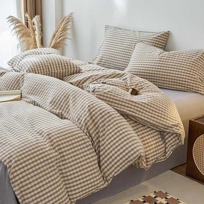 EAVD Vintage Style Grey Plaid Duvet Cover Full Soft 100% Washed Cotton Chic Grey Checkered Gingham Bedding Set with 2 Pillowcases Farmhouse Gingham Duvet Cover with Zipper Closure