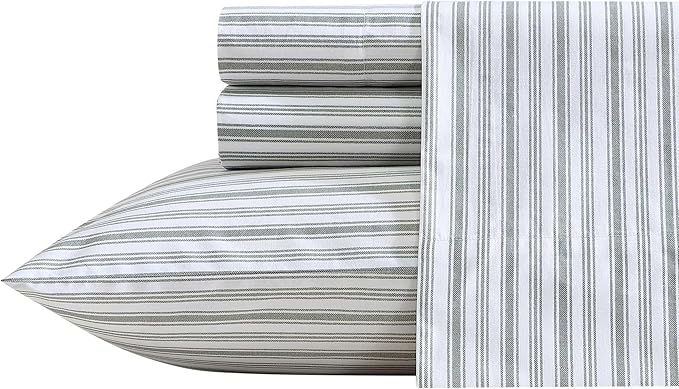 Nautica - Queen Bed Sheets, Lightweight Cotton Percale Bedding Set with Matching Pillowcases, Crisp & Cool, Oeko-Tex Certified (Coleridge Stripe Green)