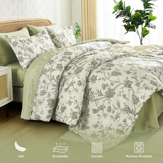 Luxudecor Floral King Comforter Set 7 Pieces Bed in a Bag, Sage Green Flower with Bird Bedding Set, Soft Reversible Comforter with Sheet Set 104"x90"