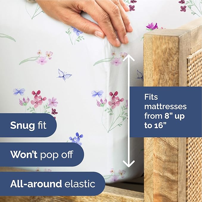 Floral Sheets - Butterfly Floral Bed Sheet Set - 1 Flat, 1 Fitted & 1 Pillowcase w/ Deep Pockets - Comfy, Wrinkle & Fade Free - Boho Botanical Bedding - Soft, Breathable and Cooling - Twin XL Size Set