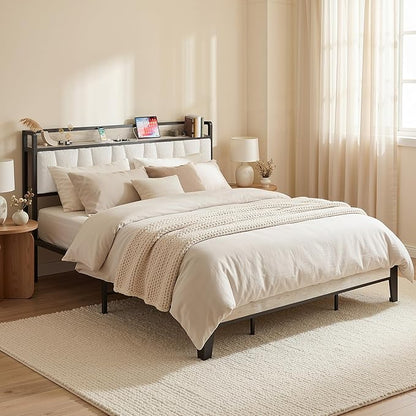 LIKIMIO California King Bed Frames, Bouclé Storage Headboard with Charging Station, Solid and Stable, Noise Free, No Box Spring Needed, Easy Assembly