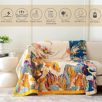 MSGKV 100% Cotton Throw Blanket for Bed Couch Fall 90''x 98'' Super Soft Muslin Blankets Warm Boho Quilt Lightweight Farmhouse Decorative Bed Blankets